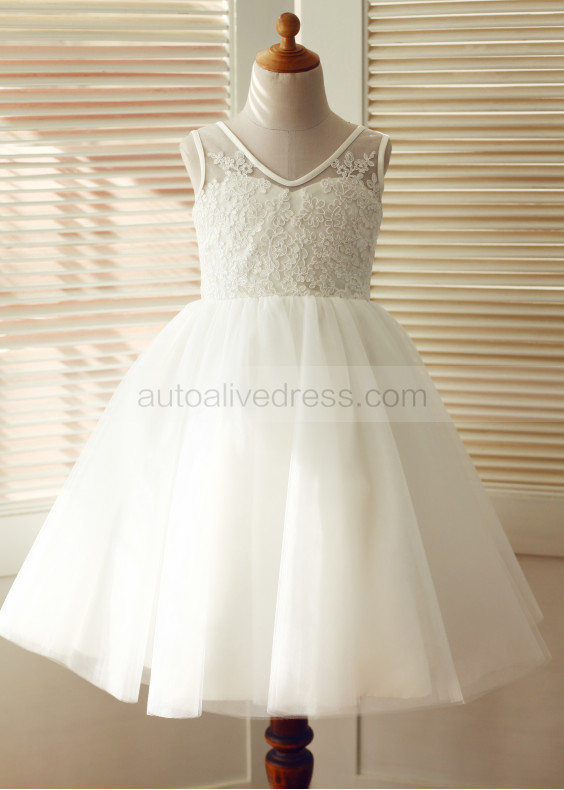 Ivory Lace Tulle V Neck Knee Length Flower Girl Dress